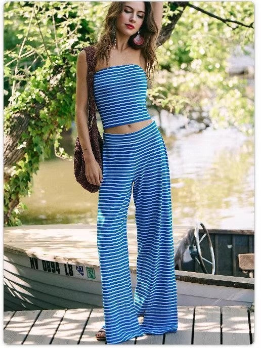 Women's Striped Tube Top & Pants Set – 2-Piece Modal Matching Outfit