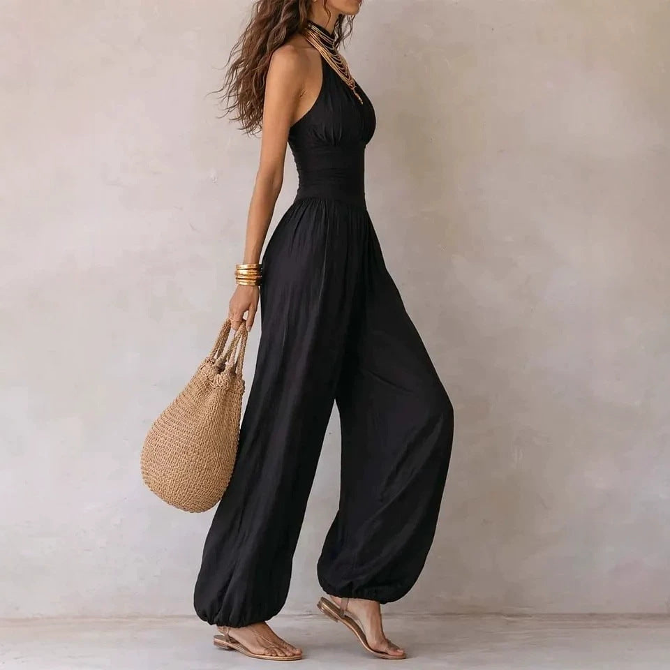 Women's Halter Neck Sleeveless Jumpsuit | Slim Casual Wide-Leg Jumpsuit in Black