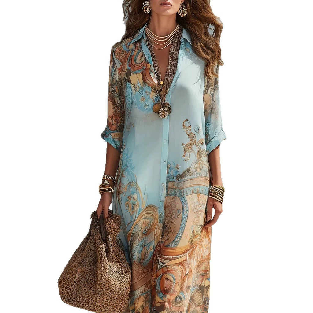Chiffon Digital Print Vintage Flowy Midi Dress – Women's Button-Front Sundress
