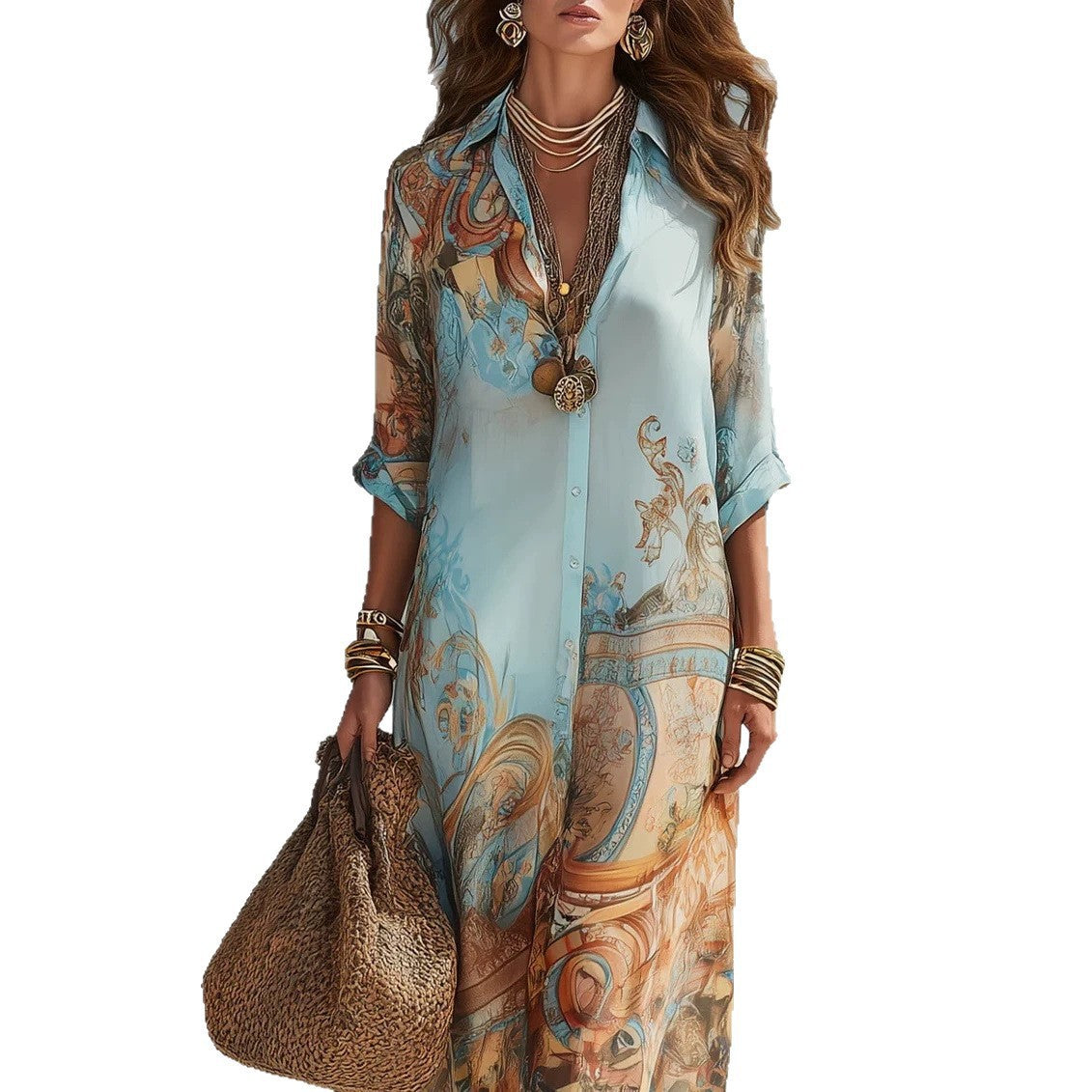Chiffon Digital Print Vintage Flowy Midi Dress – Women's Button-Front Sundress
