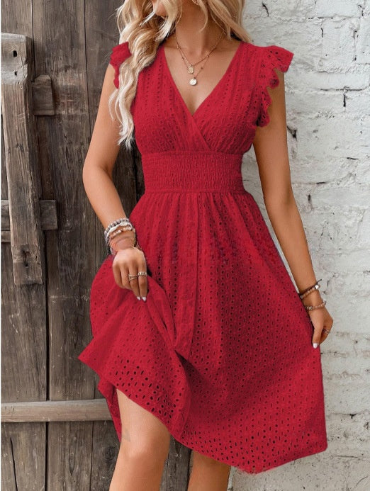 Waisted V-Neck Lace Midi Dress