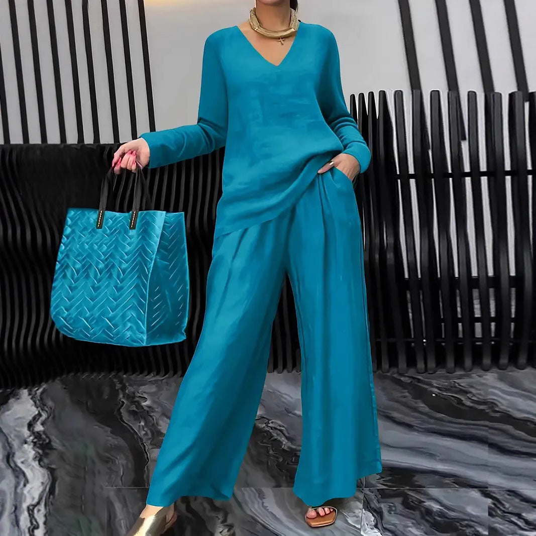 Solid Color Long Sleeve Top & Pants Two-Piece Travel Set
