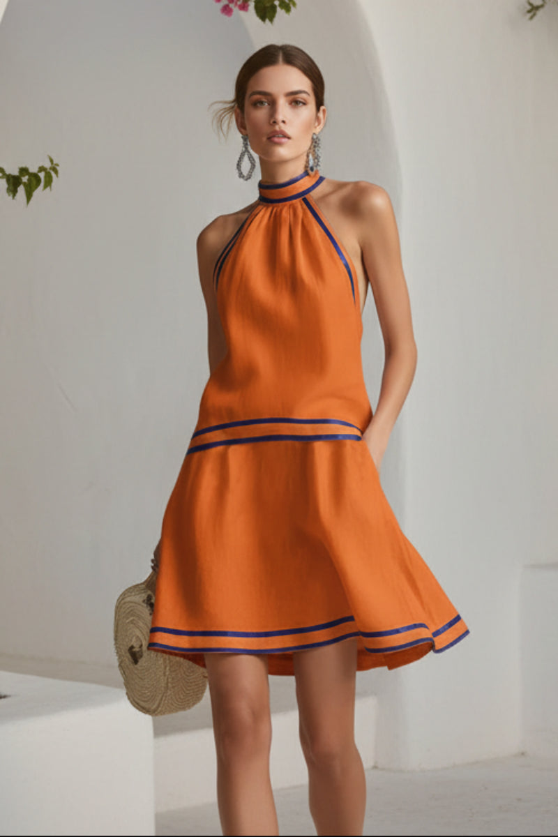 Women's Striped Trim Choker Neck Sleeveless Mini Dress