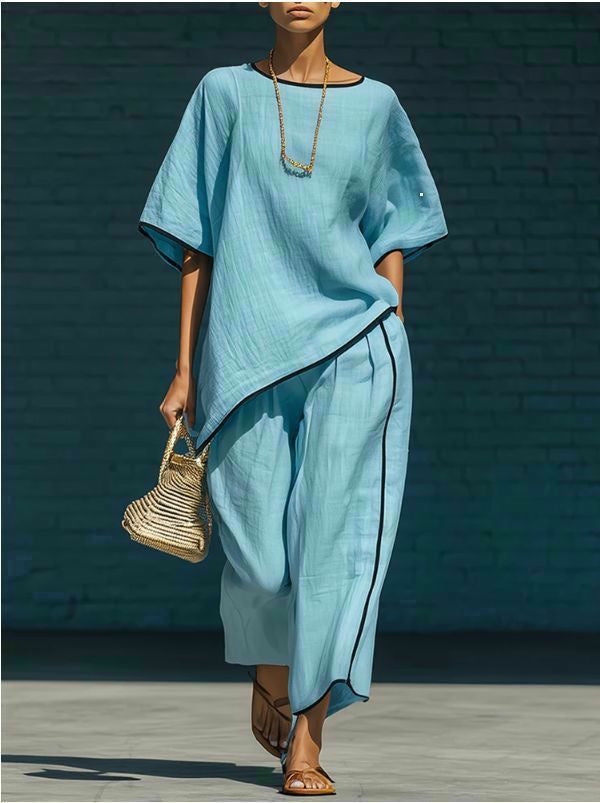 Women's Casual Resort Loose Short-Sleeve Top & Pants Set
