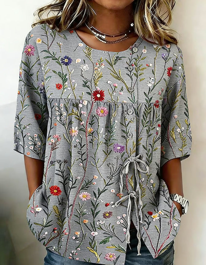 Women's Floral 3D Print Pullover Top – Loose Fit Elegant Casual S to 3XL