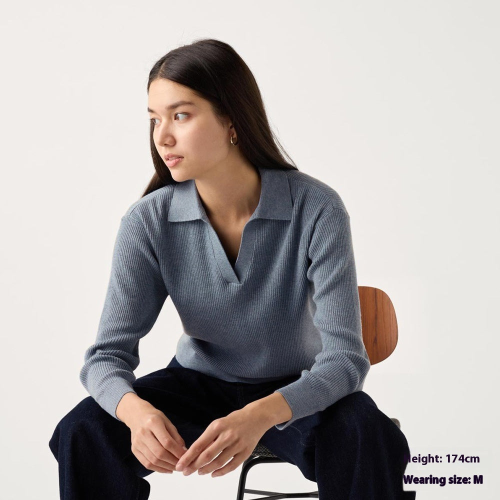 Women’s Ribbed Half-Open Collar Sweater