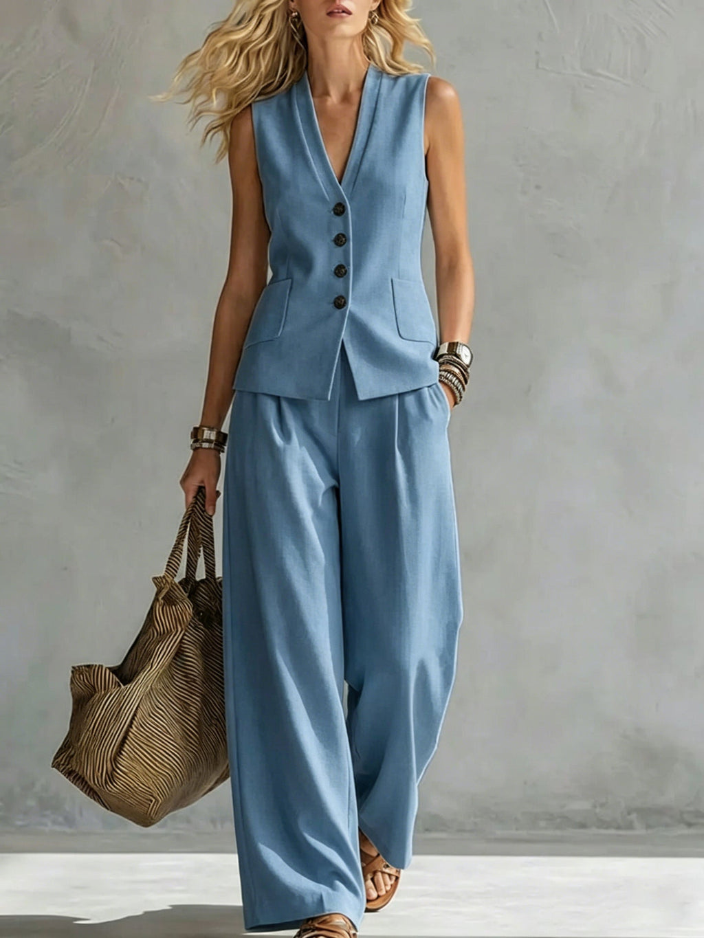 Women's Solid Linen Sleeveless Tank Top & Full-Length Pants Set