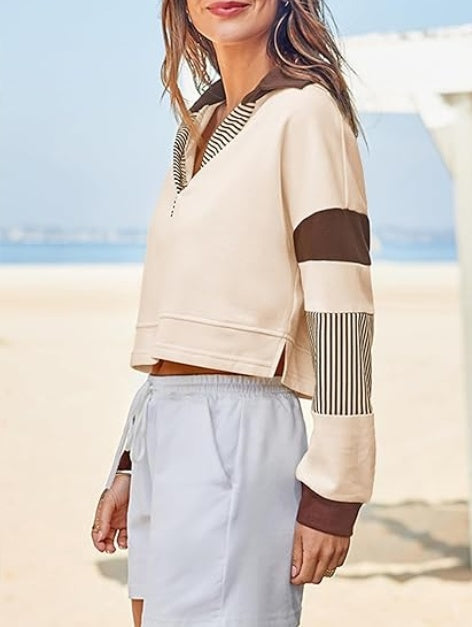 Color‑Block Cropped Polo V‑Neck Sweatshirt