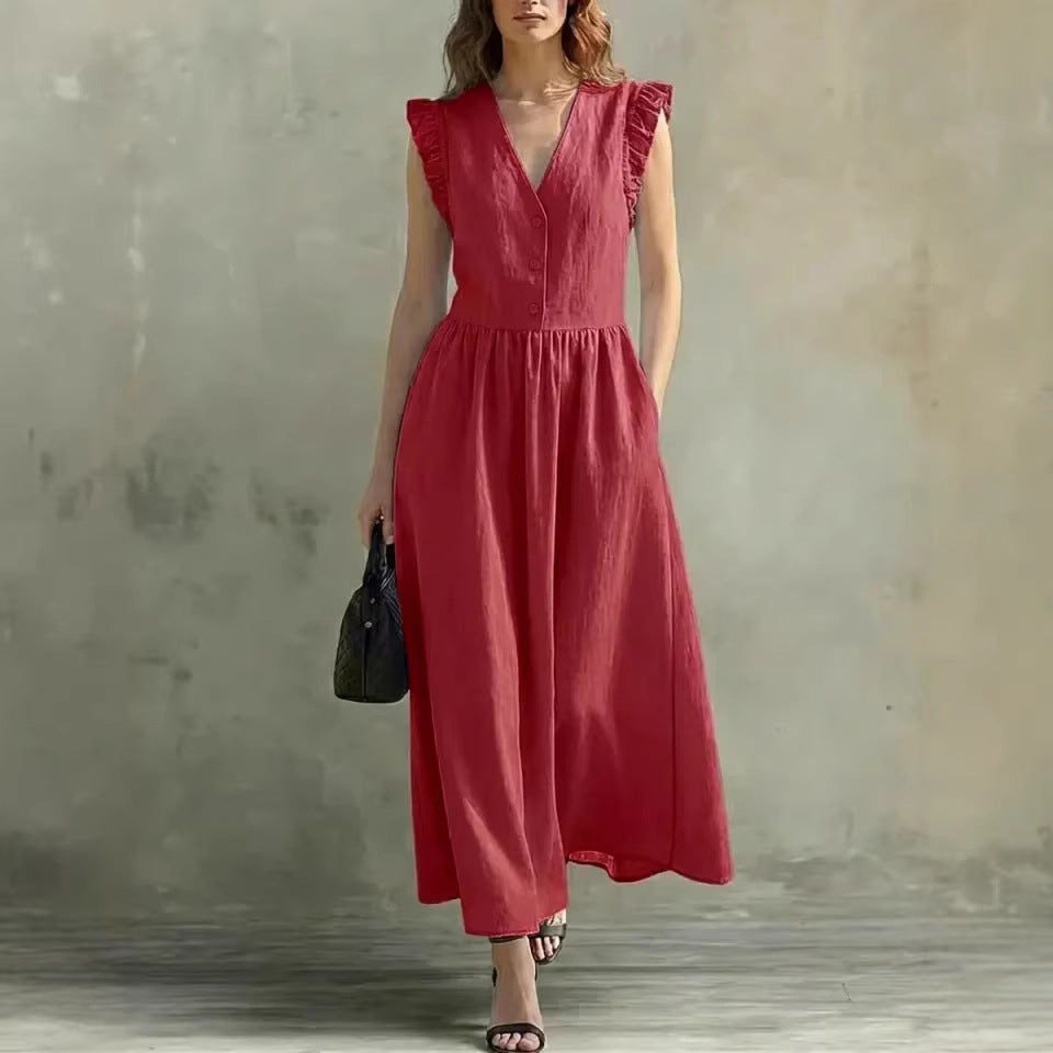 V-Neck Puff-Sleeve Dress with Pockets – Cotton Linen, 7 Colors