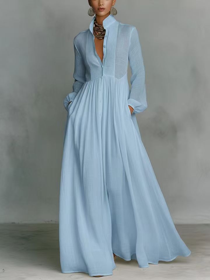 Women's French Style Long Sleeve Pleated A-Line Maxi Dress