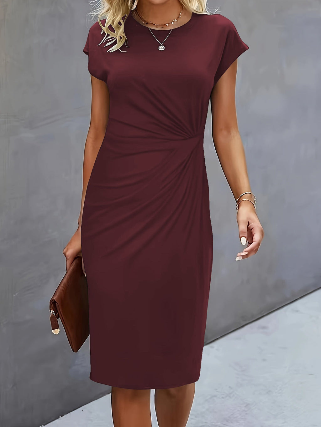 Front Knot Bodycon Midi Dress – Round Neck Sleeveless Tie Dress