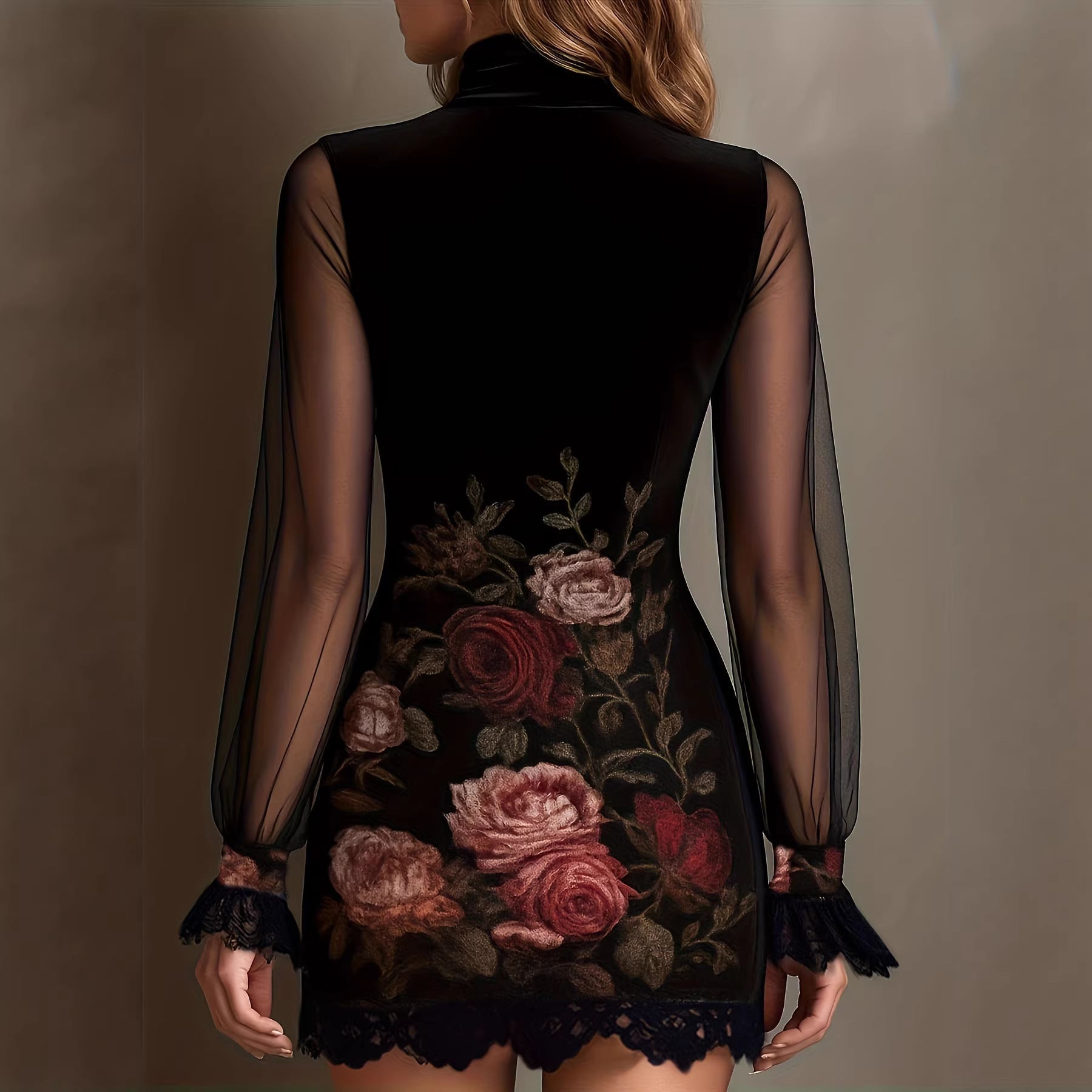 Women's Lace Trim Printed Tulle Bodycon Mini Dress with Bubble Sleeves