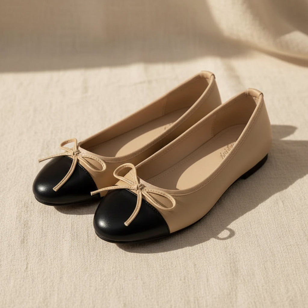 Women's Two-Tone Cap Toe Ballet Flats with Bow – Slip-On Hidden Platform