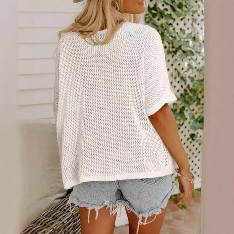 Women's Hollow-Out Drop-Shoulder Loose Knit Top