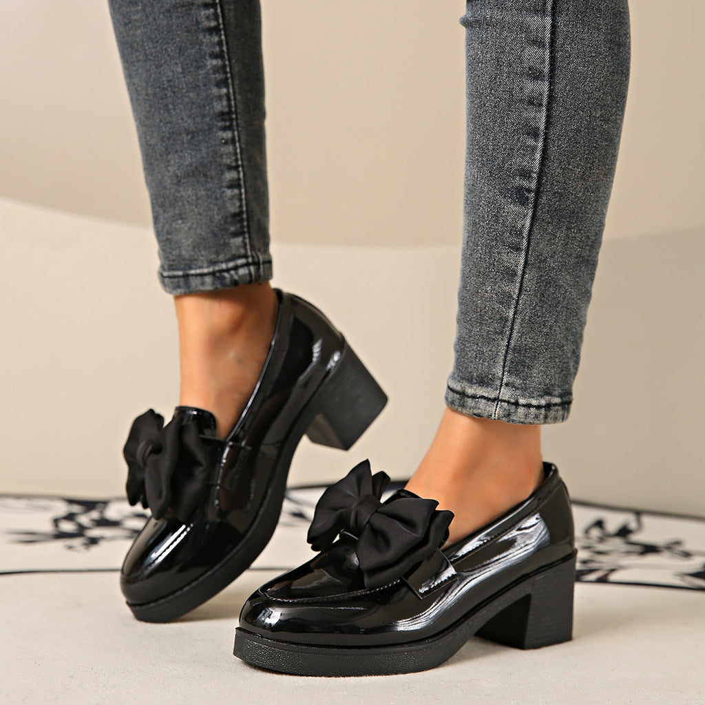 Women's Bowtie Round Toe Low Heel Pumps – Wide Size PU Casual Shoes