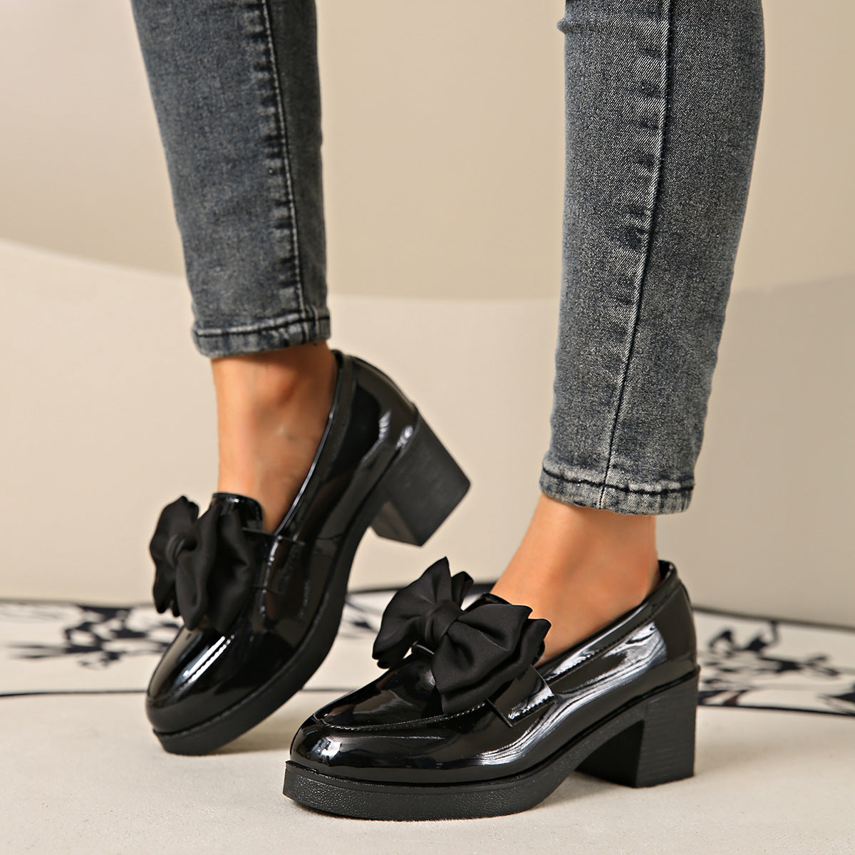 Women's Bowtie Round Toe Low Heel Pumps – Wide Size PU Casual Shoes