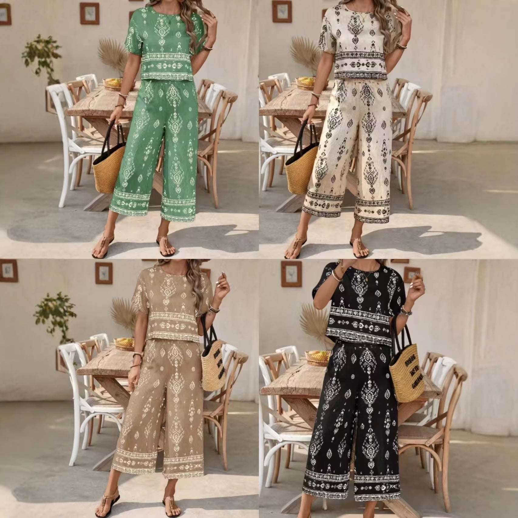 Women's Ethnic Print Contrast Two-Piece Set – Top & Straight-Leg Pants