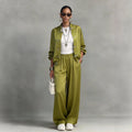 Women's Satin Two-Piece Set — Frog Button Jacket & Wide Leg Pants