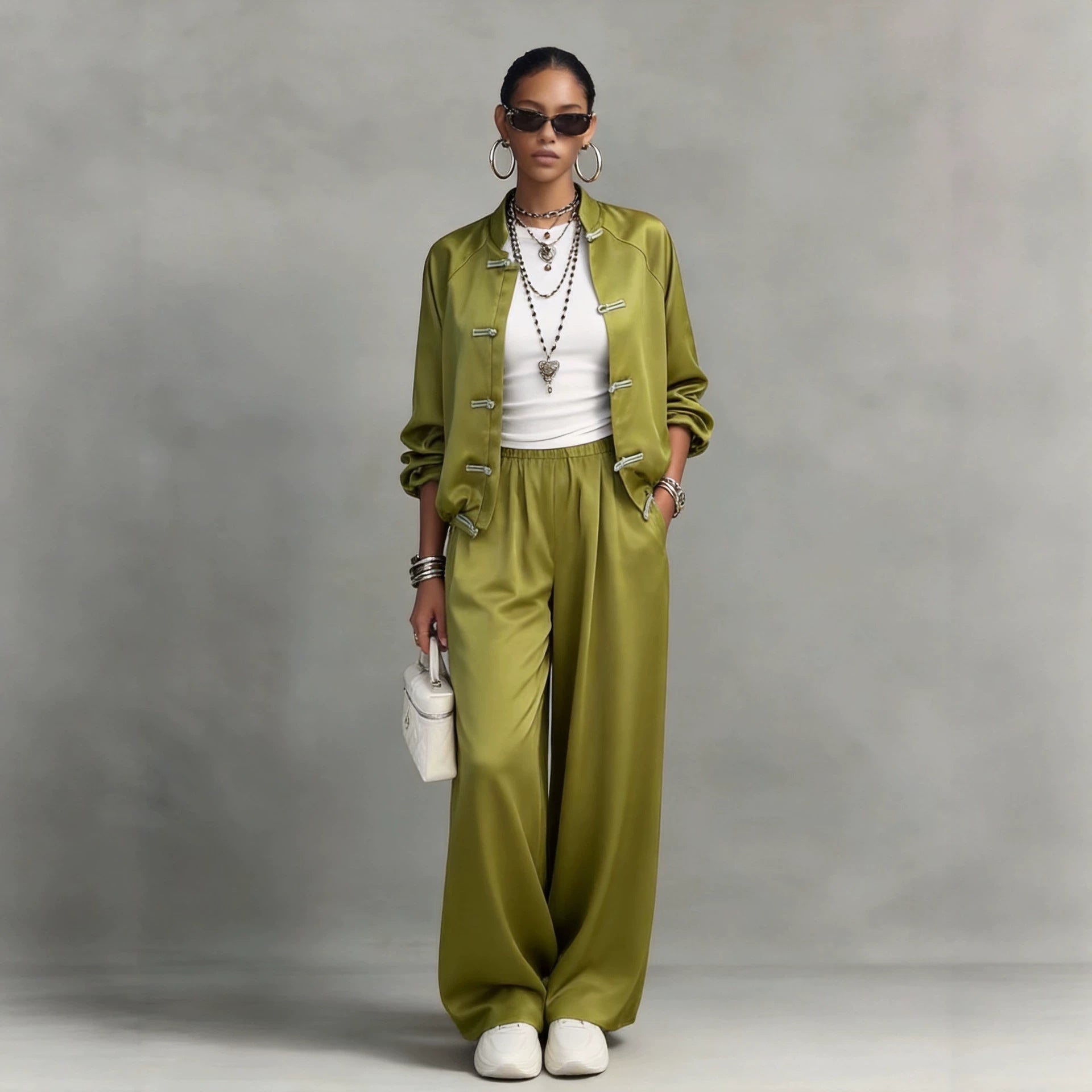 Women's Satin Two-Piece Set — Frog Button Jacket & Wide Leg Pants