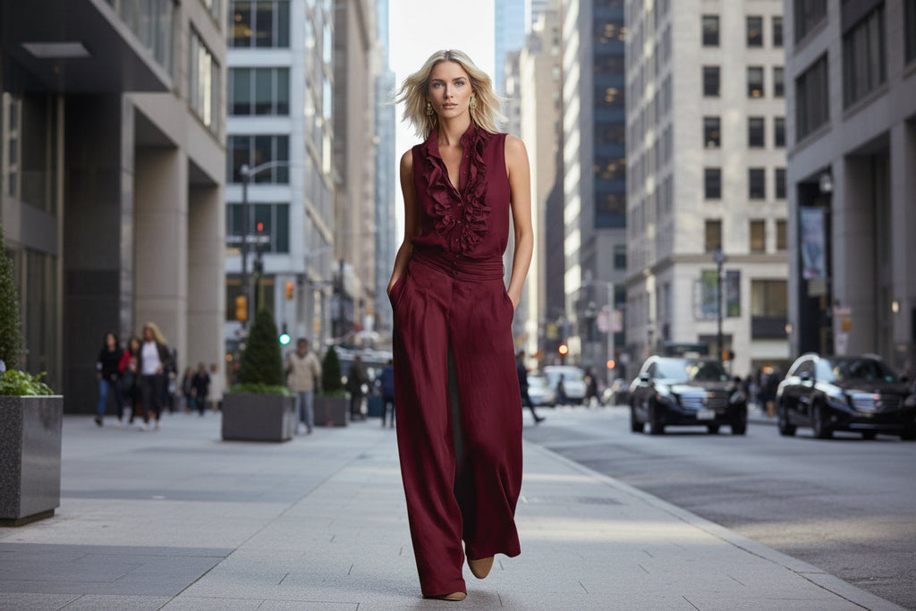 Women’s Linen Blend Two-Piece Set – Sleeveless Shirt & Wide-Leg Pants