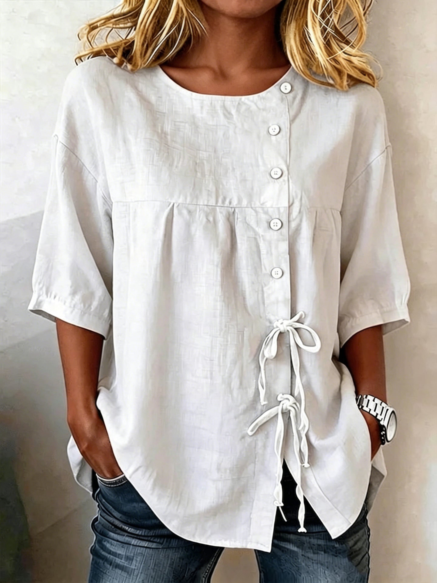 Women's Lace-Up Button Shirt – 3/4 Sleeve Asymmetric