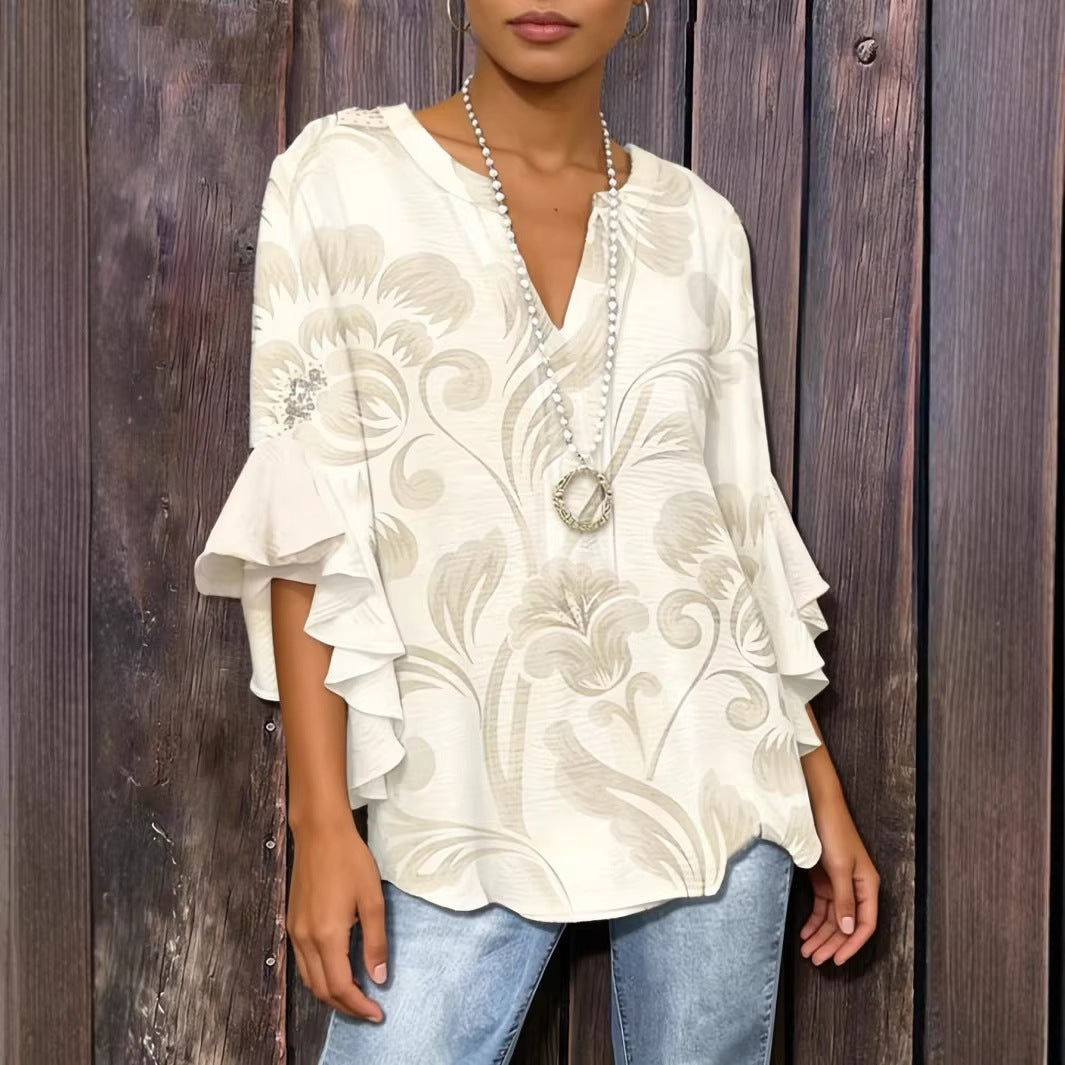 Women's 3D Print Ruffle Sleeve Loose Top – Elegant Urban Style S–2XL
