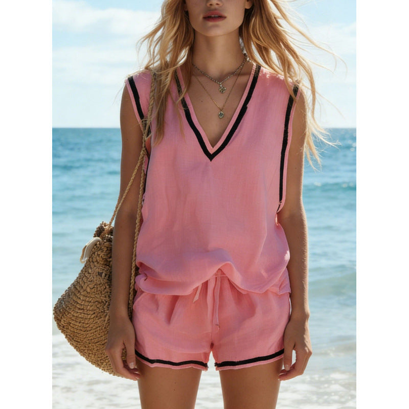 Women's V-Neck Vest & Shorts Two-Piece Set