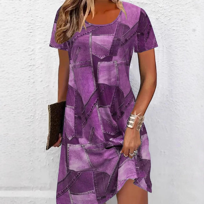 Women's Plus Size Digital Print Denim-Look Short Sleeve Dress