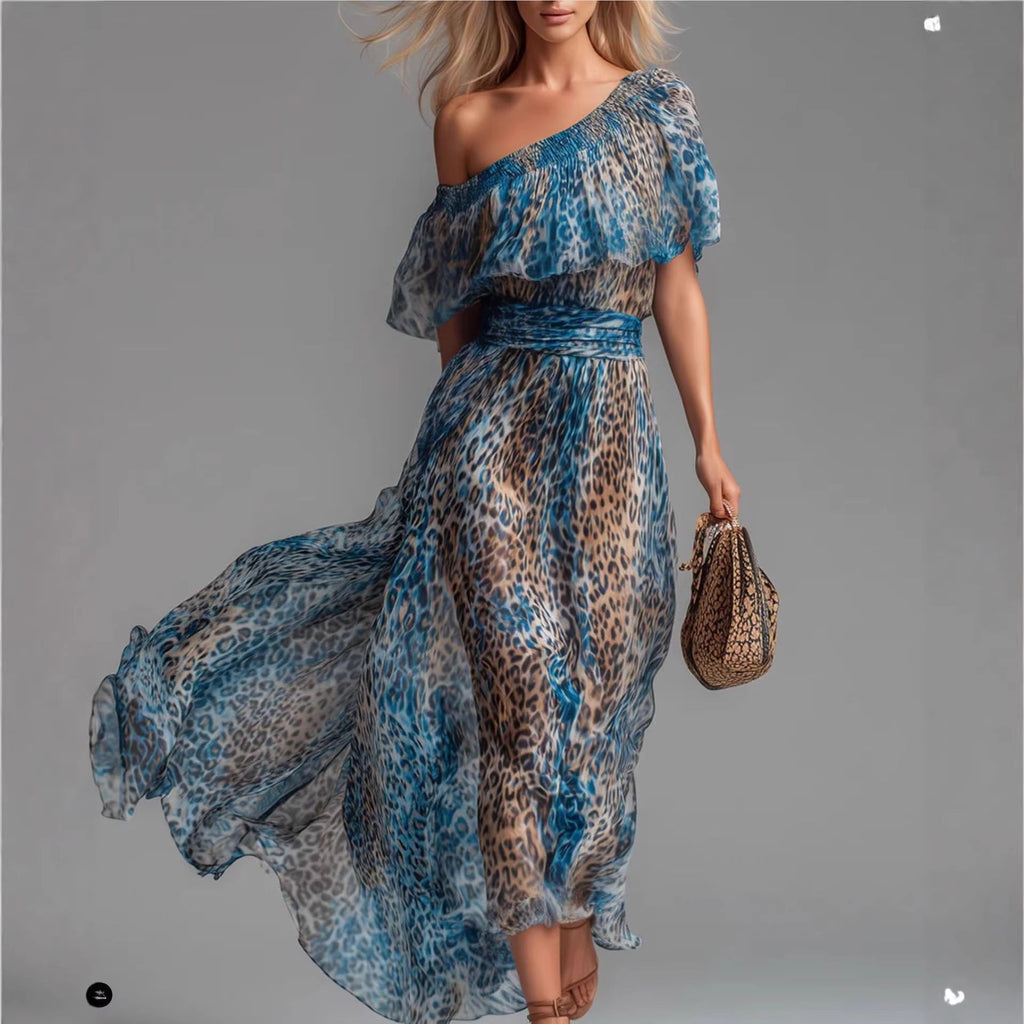 Women's Leopard Print Asymmetrical Shoulder Maxi Dress | Ruffle Waist-Cinching Boho Dress
