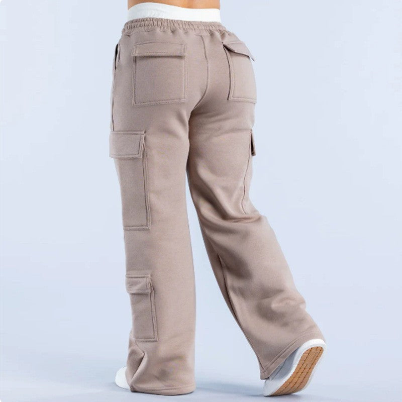 Women's Loose-Fit Casual Pants with Pockets – Solid Color Two-Tone Label