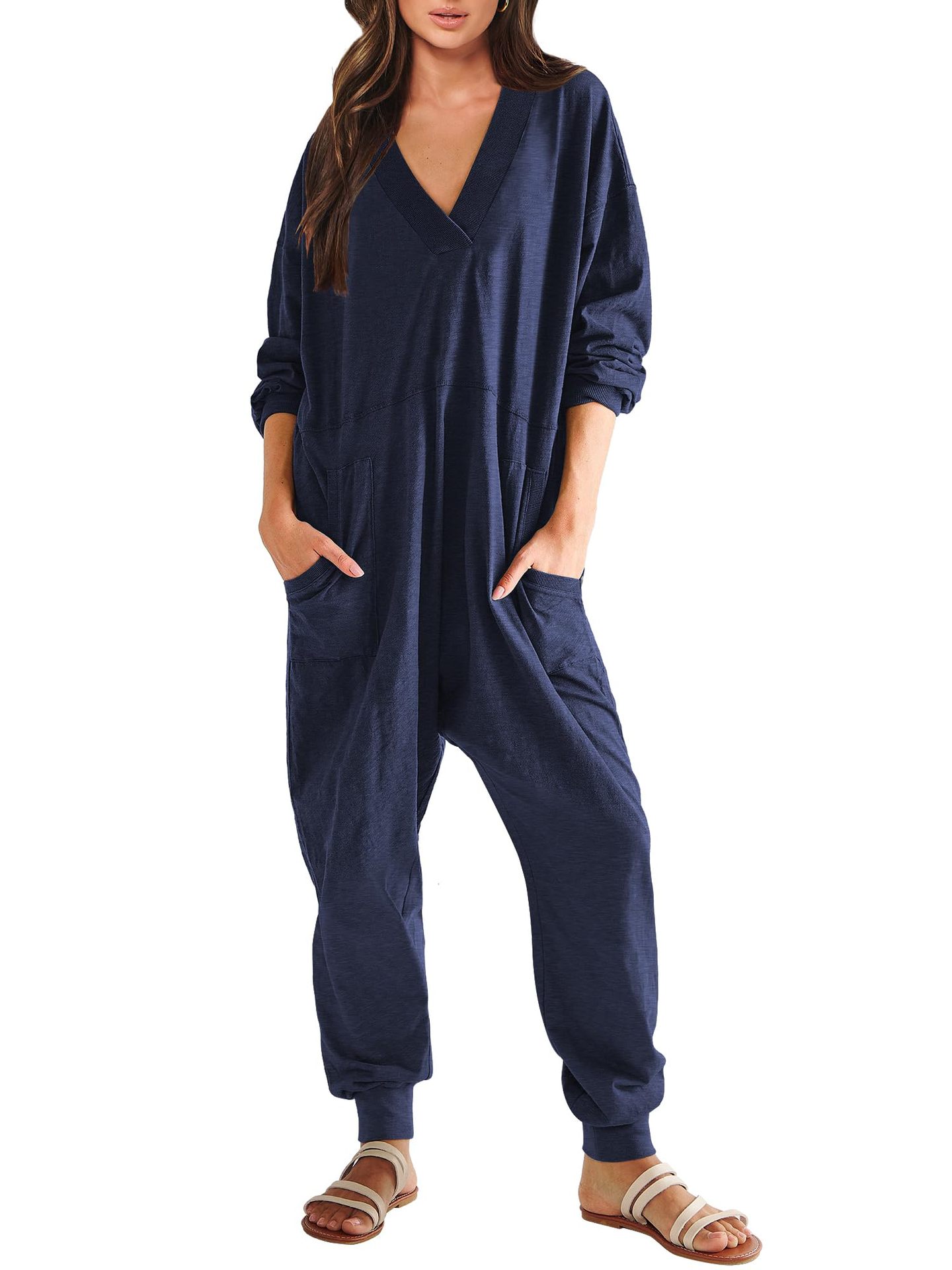 Women’s V-Neck Long Sleeve Solid Color Loose Jumpsuit With Two Side Pockets