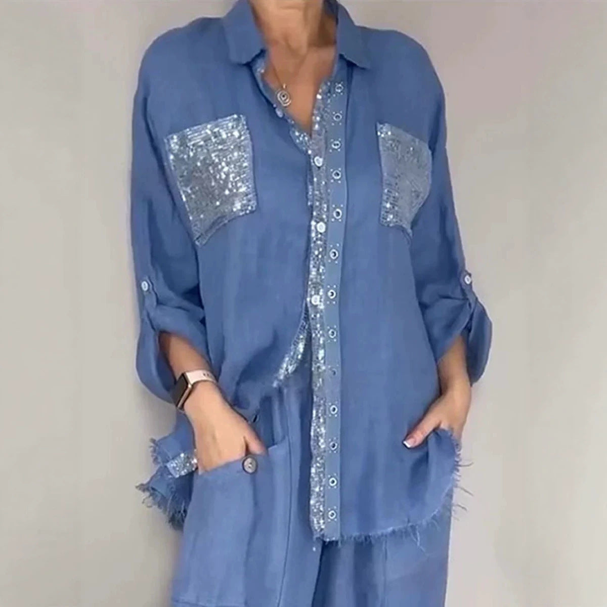 Women's Sequin Pocket Button-Up Shirt & Wide-Leg Pants Set