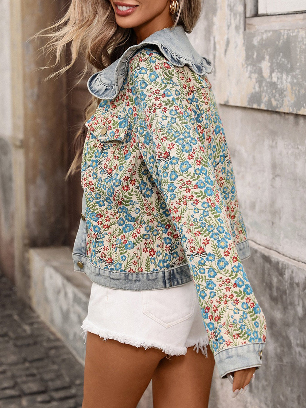 Women's Jacquard Denim Jacket | Ruffled Peter Pan Collar Long-Sleeve Short Jacket in Blue | S–XXL