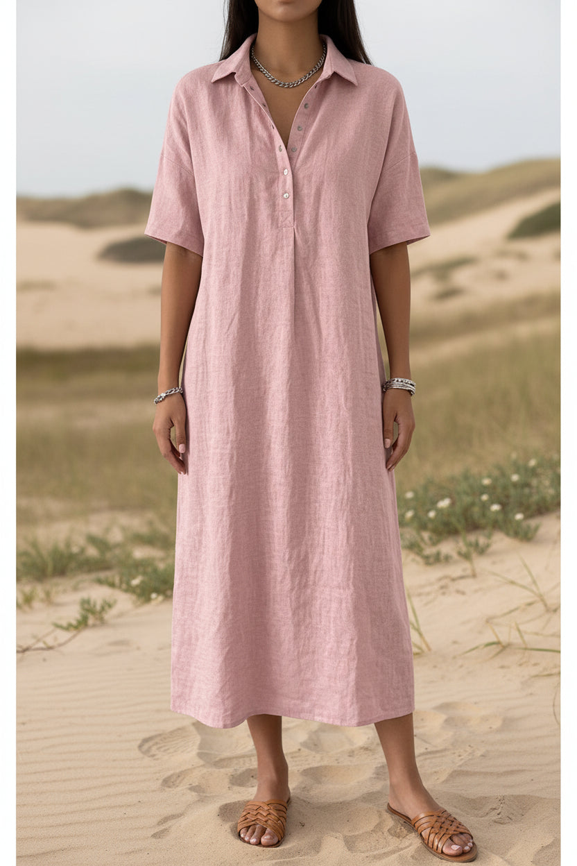 Women's Linen Blend Short Sleeve Polo Neck Maxi Dress