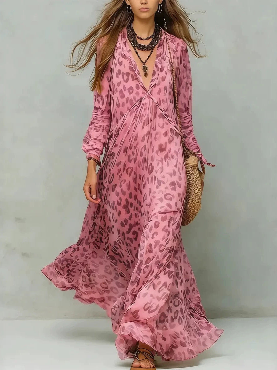 Women's Leopard Print Chiffon Deep V-Neck Flared Maxi Dress | Three-Quarter Sleeve Beach Vacation Dress