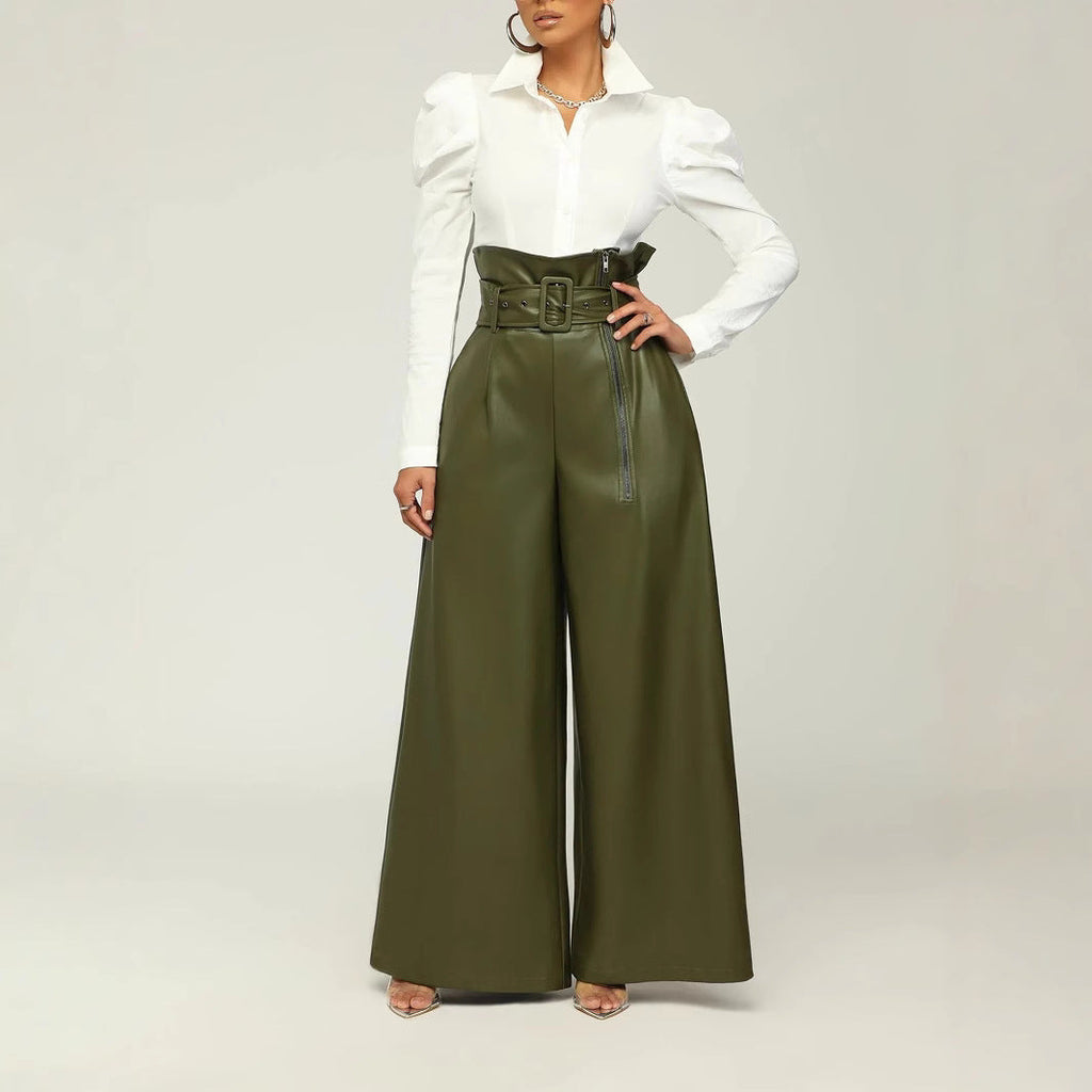 Women's High-Waist PU Leather Wide-Leg Pants with Metallic Belt