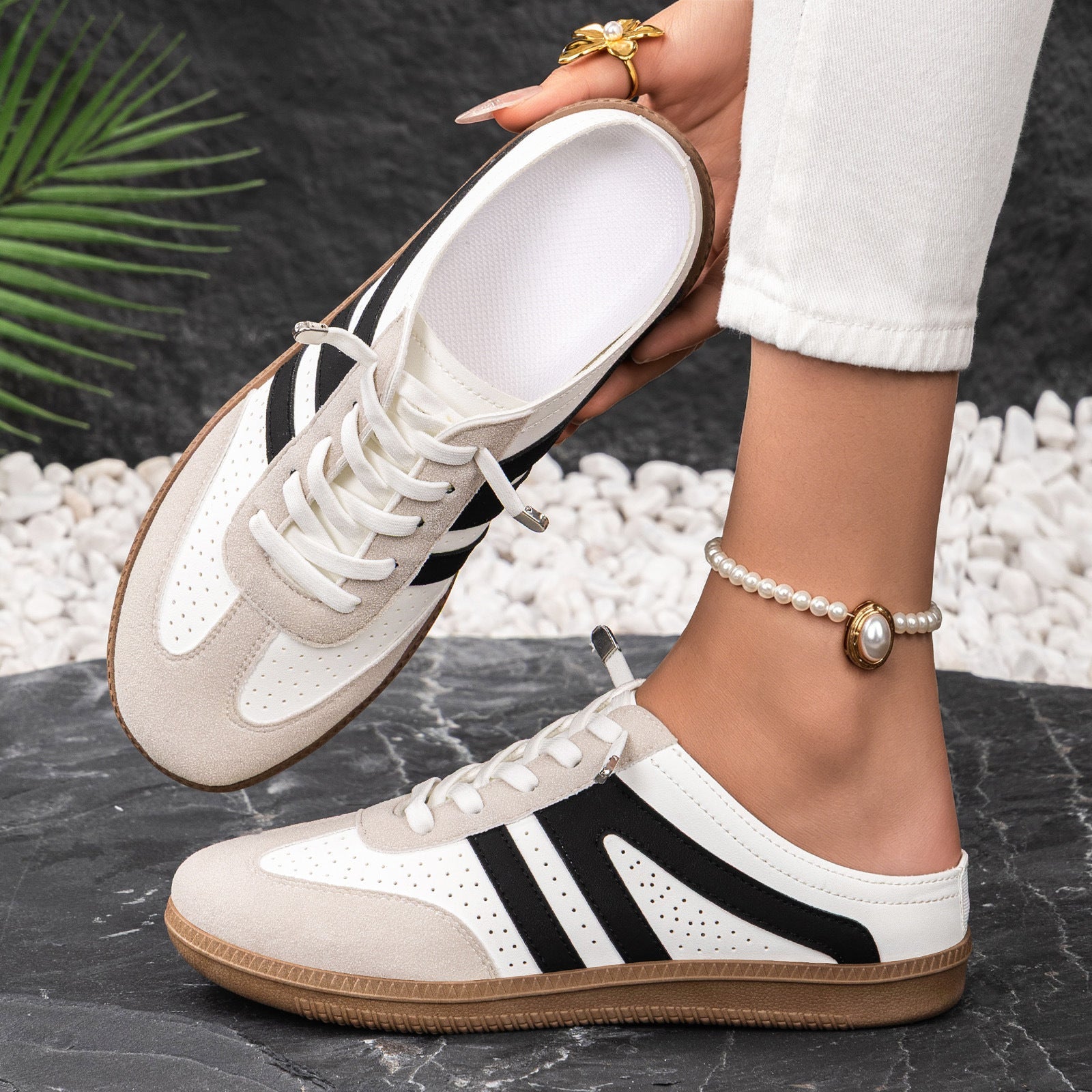 Women's Slip-On Half Slipper Sneakers | Color-Block Striped Casual Shoes in 3 Colors | EU 36–43