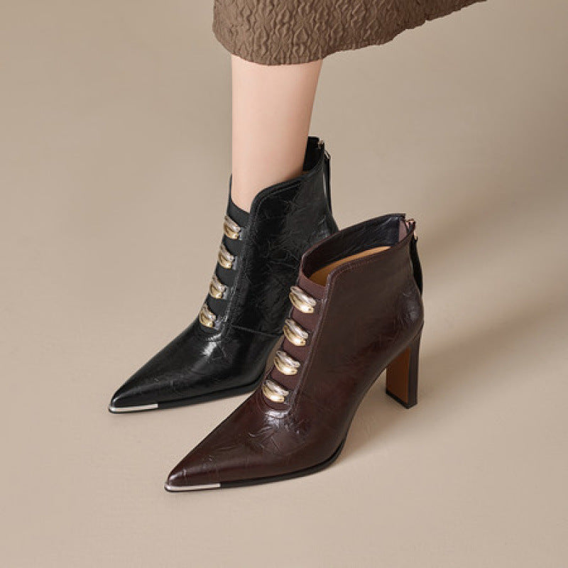 Women's Satin Pointed Toe Chunky Heel Short Boots – Ultra High Heel