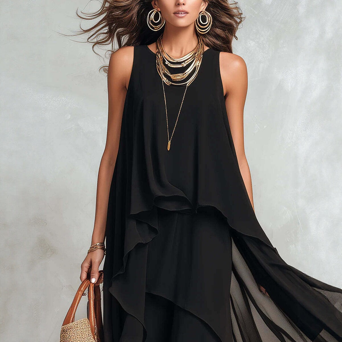 Black Asymmetrical Chiffon Maxi Dress – Flowy Sleeveless Boho A-Line Long Dress for Women