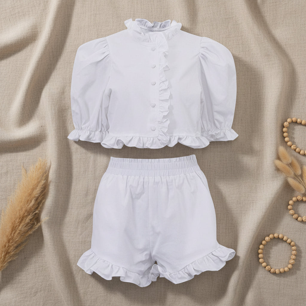 Women's Ruffled Linen-Blend Cropped Blouse & Shorts Set