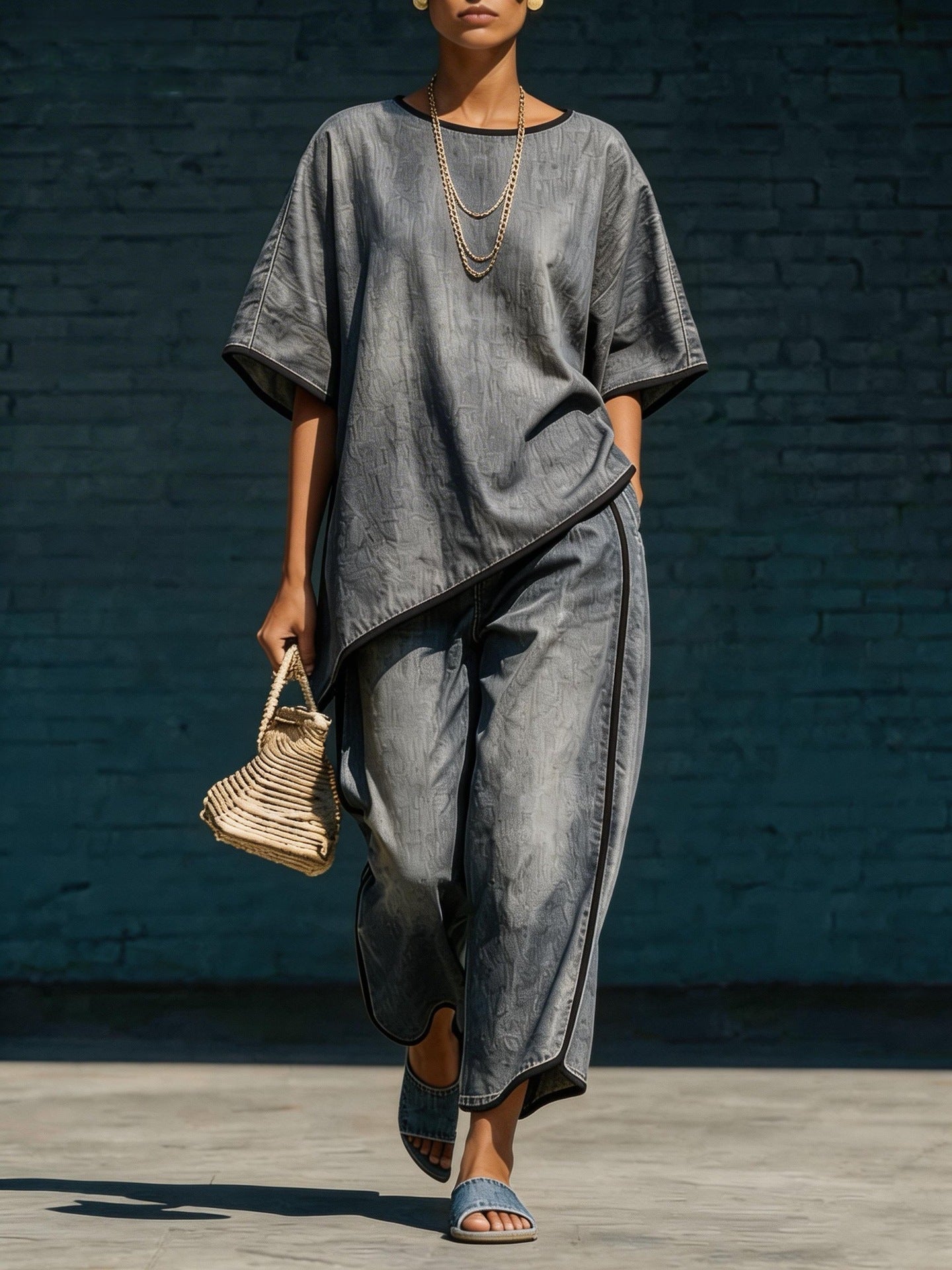 Women's Denim-Style Knit Top & Wide-Leg Pants Set – Casual 2-Piece