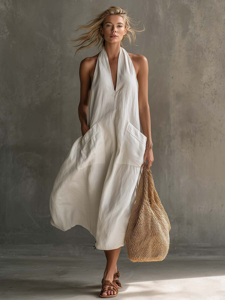 Women's Retro V-Neck Slip Dress – Loose Fit Sleeveless
