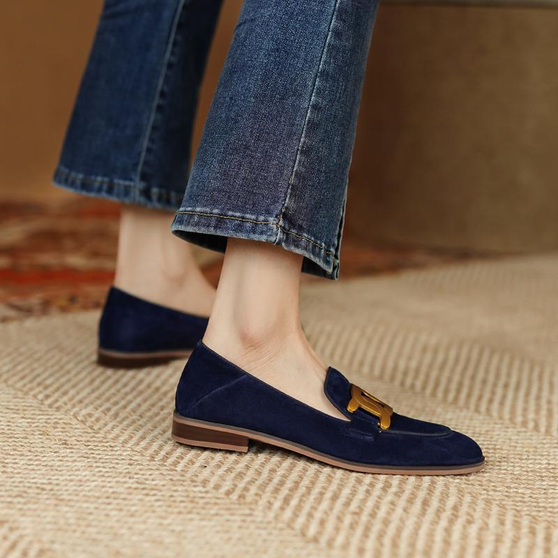 Women's Retro Metal Buckle Suede Loafers – Platform Chunky Heel Slip-On