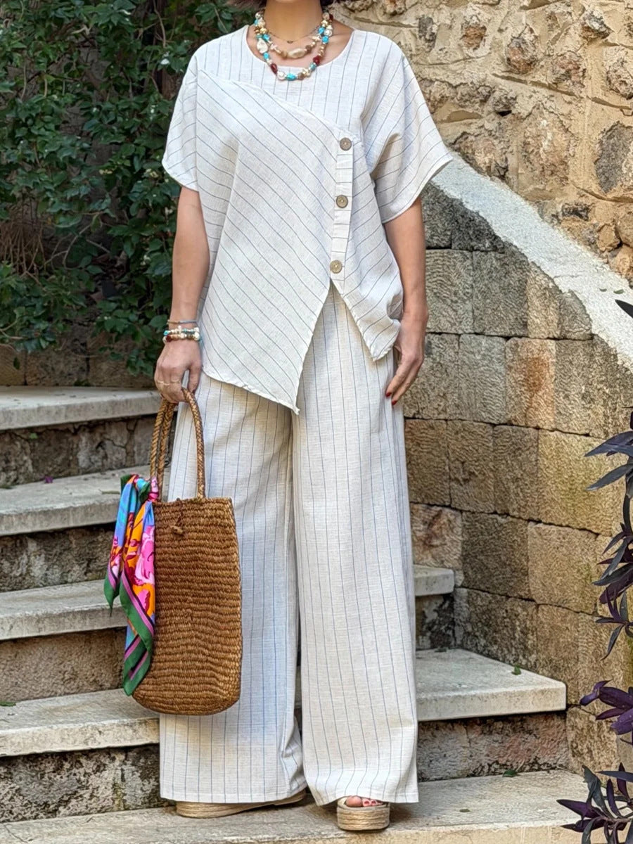 Striped Shirt & Loose Pants Set – Three-Quarter Sleeve Two-Piece