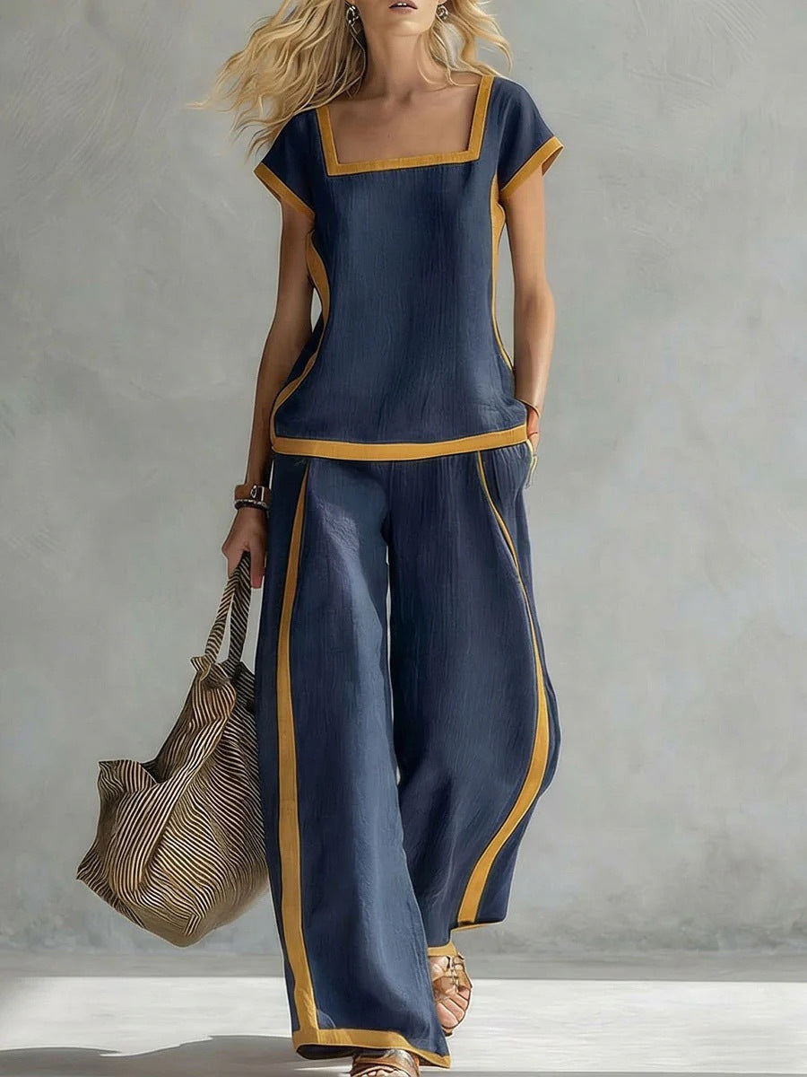 Square-Neck Three-Quarter Sleeve Loose Top & Pants Two-Piece Set