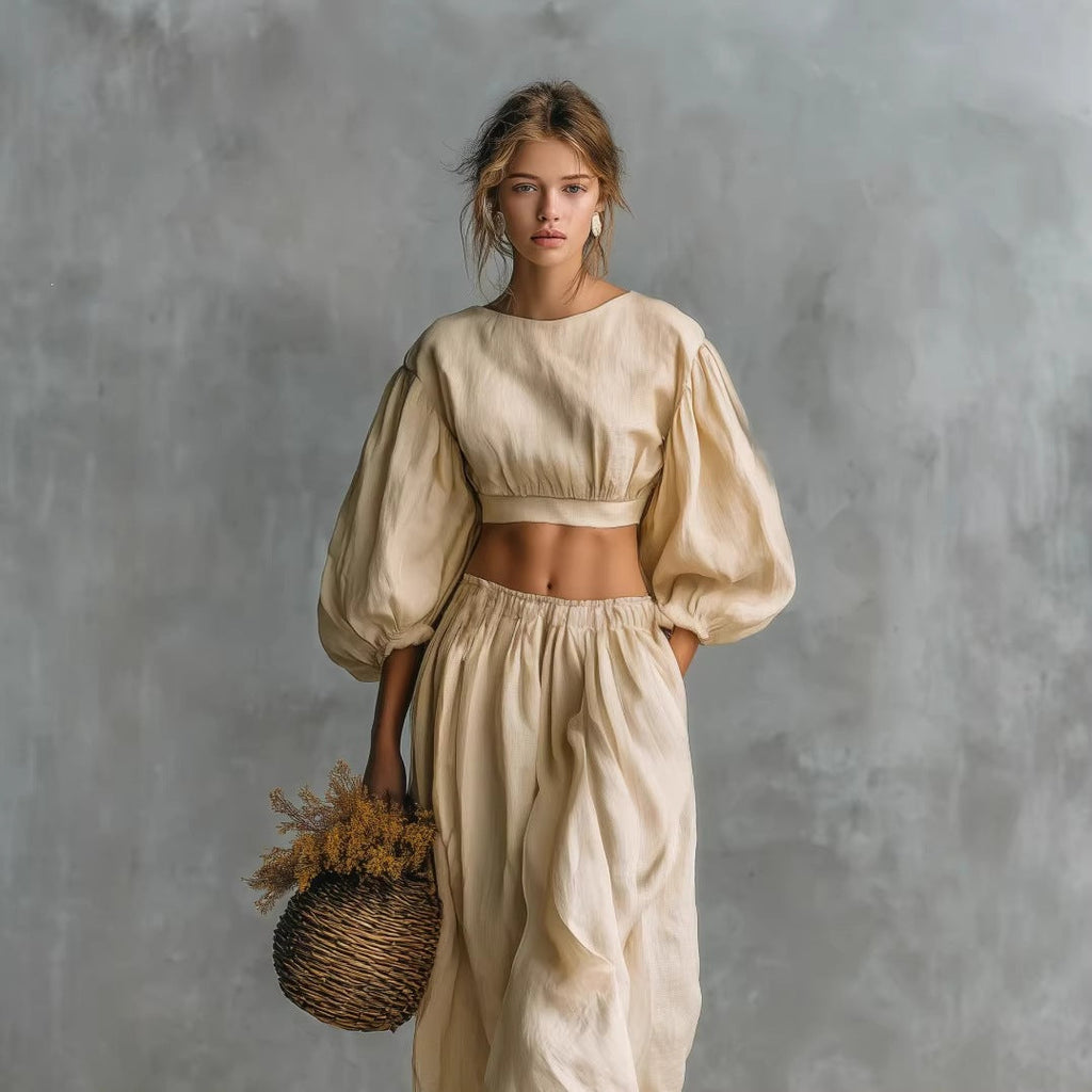 Women's Puff-Sleeve Crew-Neck Two-Piece Set with Pockets