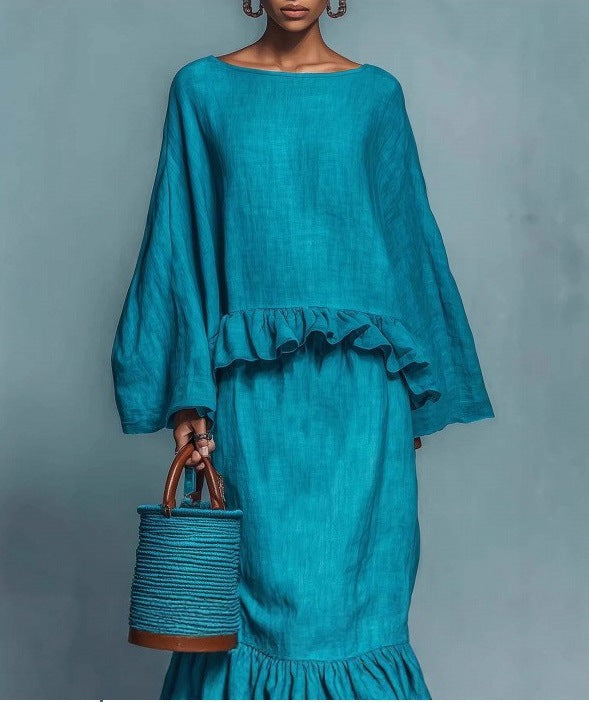 Women's Long Sleeve Top & Irregular Hem Skirt Set | Elegant Solid Color 2-Piece in 4 Colors