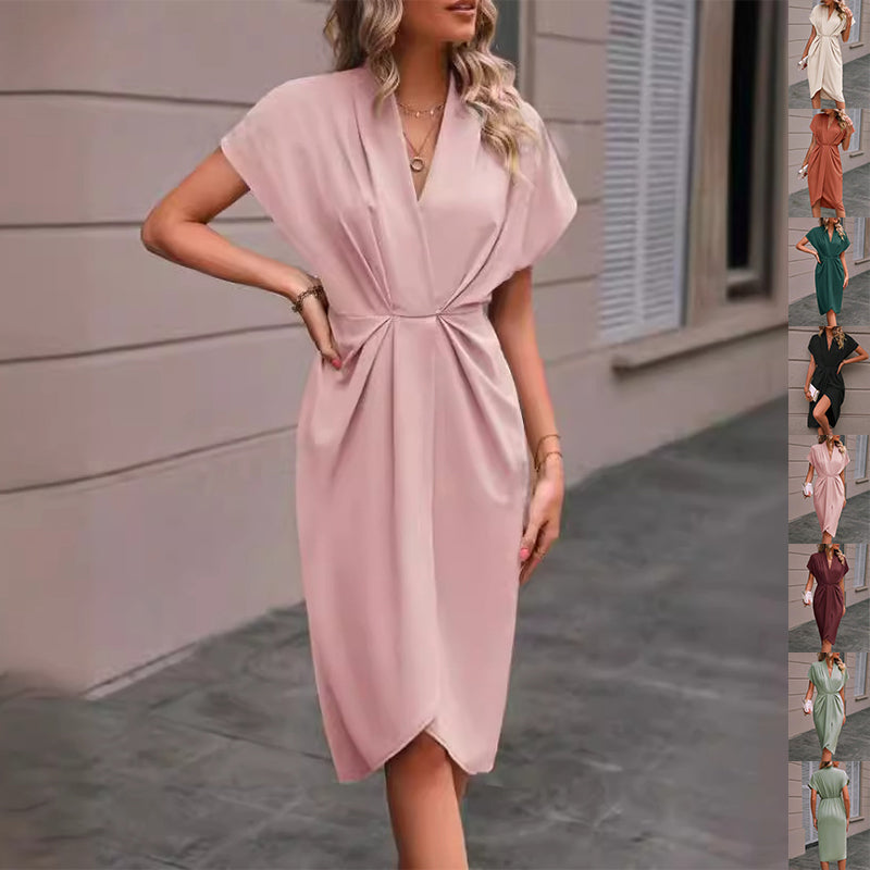 Pleated A-Line Midi Dress – V-Neck Sleeveless Summer Dress