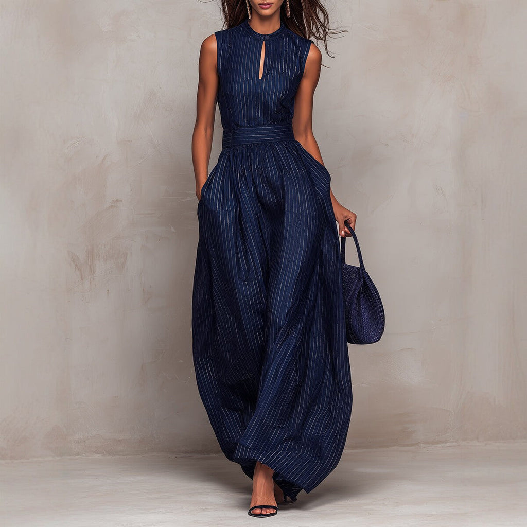 Women's Sleeveless Striped Wide-Leg Jumpsuit with Pockets