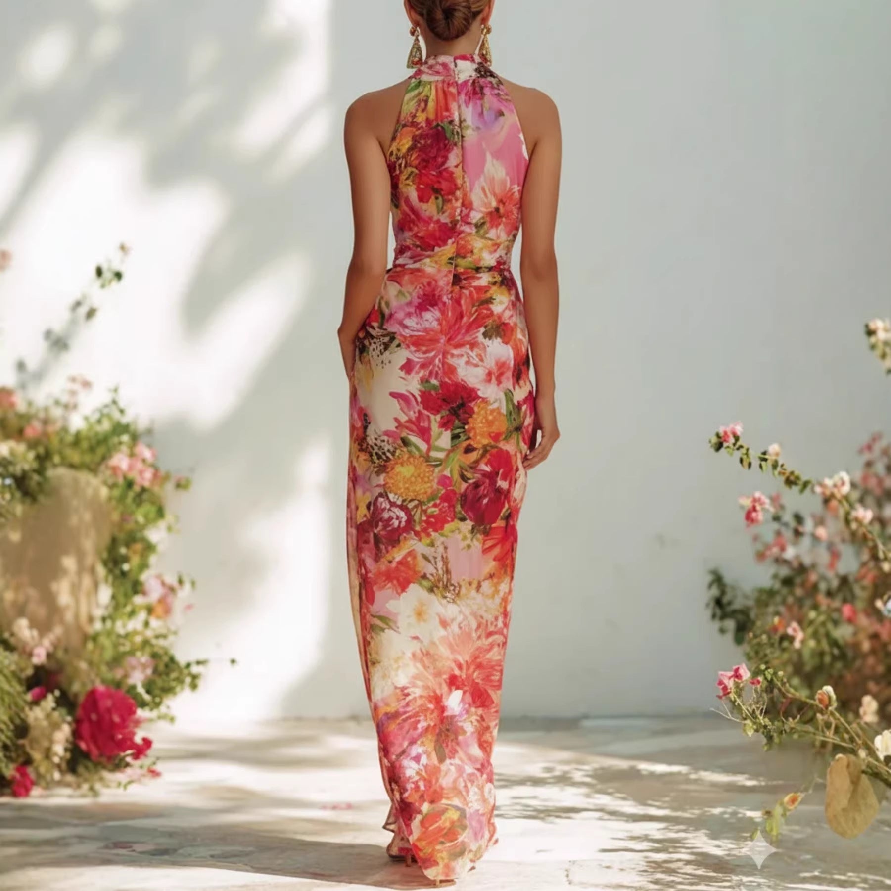 Floral Strapless Chiffon Maxi Dress – Elegant High-Waist A-Line Long Dress for Women
